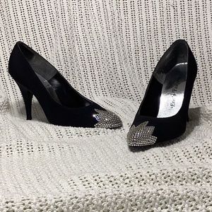 Black heels with crystal toe accents